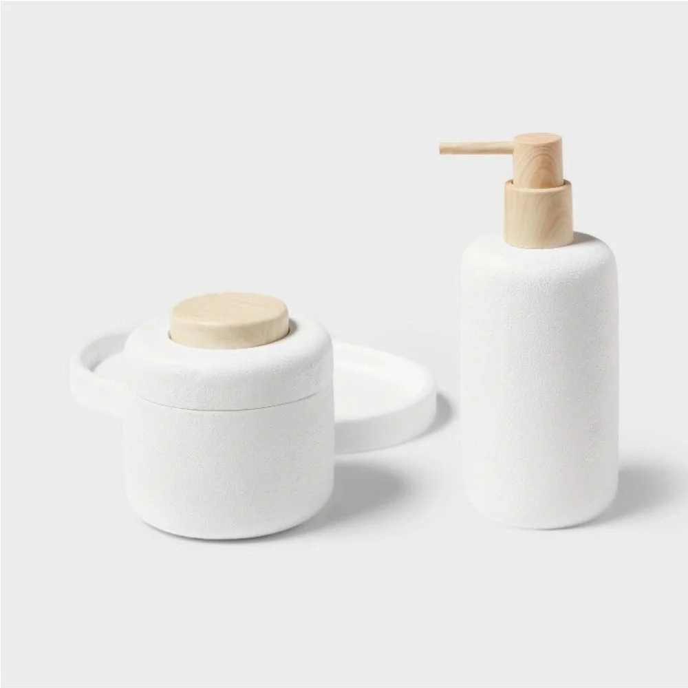 THRESHOLD NWT modern resin bath canister wood top -white